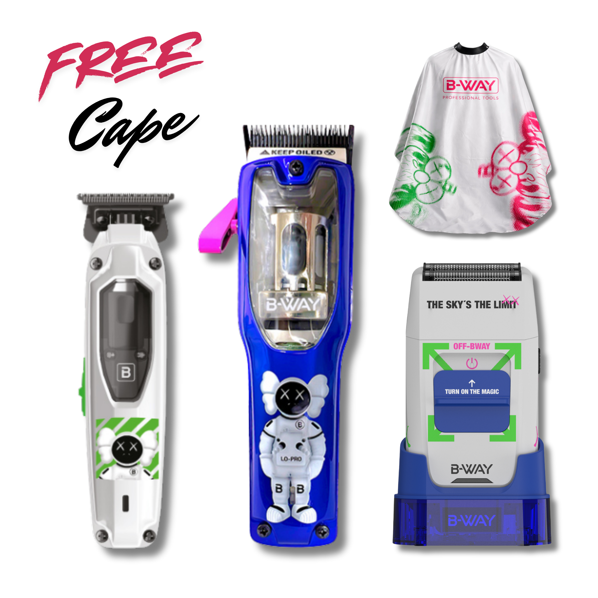 B-Way Lo-Pro X Brushless Clipper, T-Pro Brushless Trimmer & OFF Shaver – Professional 3-in-1 Barber Set + FREE Barber Cape