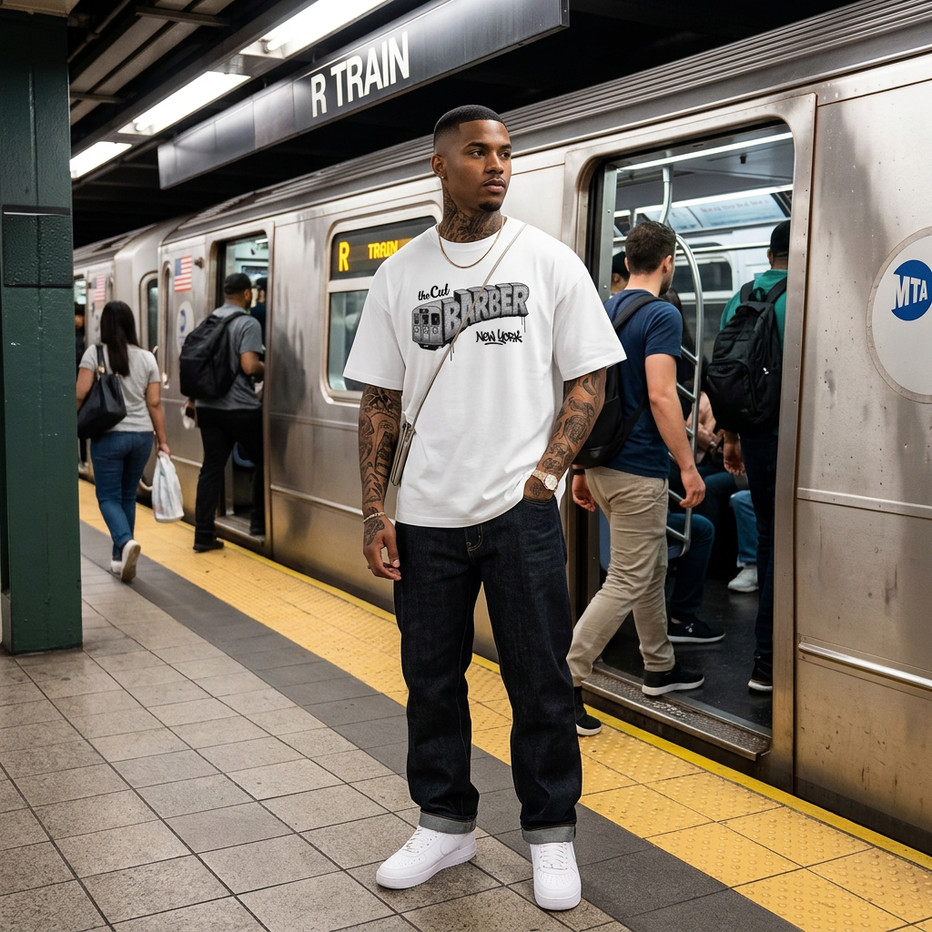 Model wearing theCut Barber Train New York tee in white on a subway platform as a train stands at the doors.