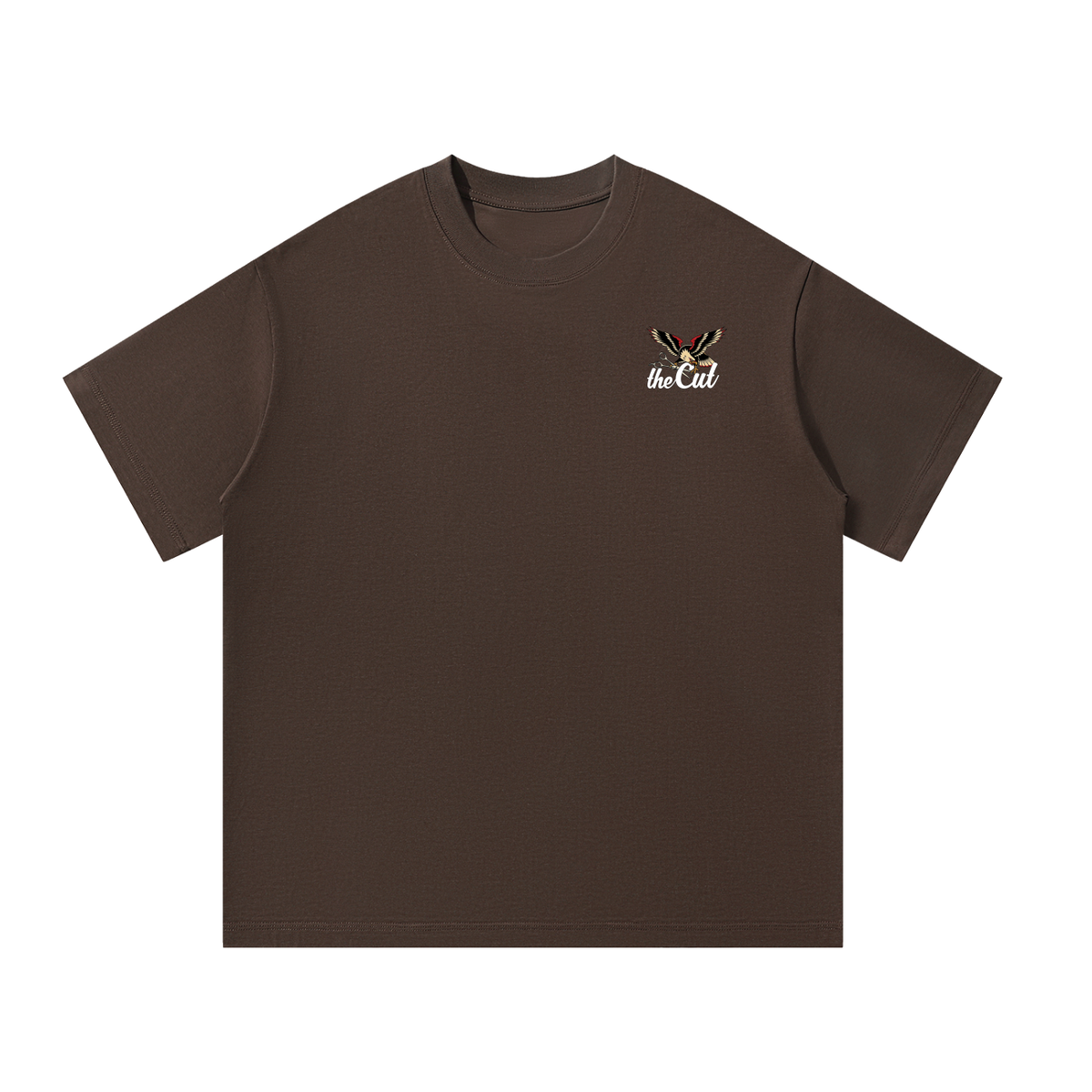 theCut Battle Royale tee in washed brown shown flat from the reverse.