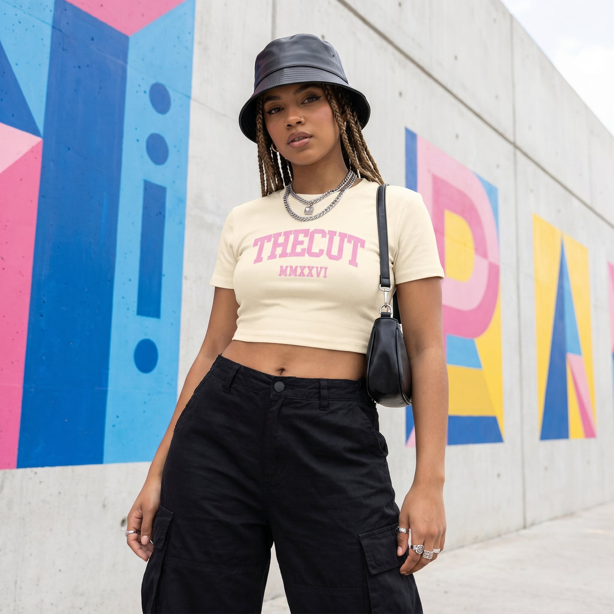 Model wearing theCut Collegiate crop tee in apricot with pink arched varsity lettering.