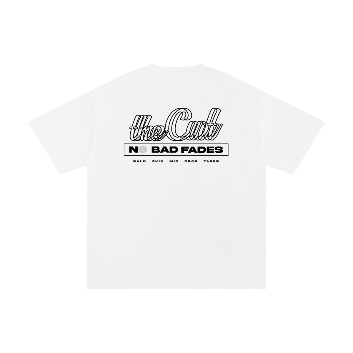 theCut Double-Line Illusion No Bad Fades tee in white shown flat, showing the double-line graphic print.