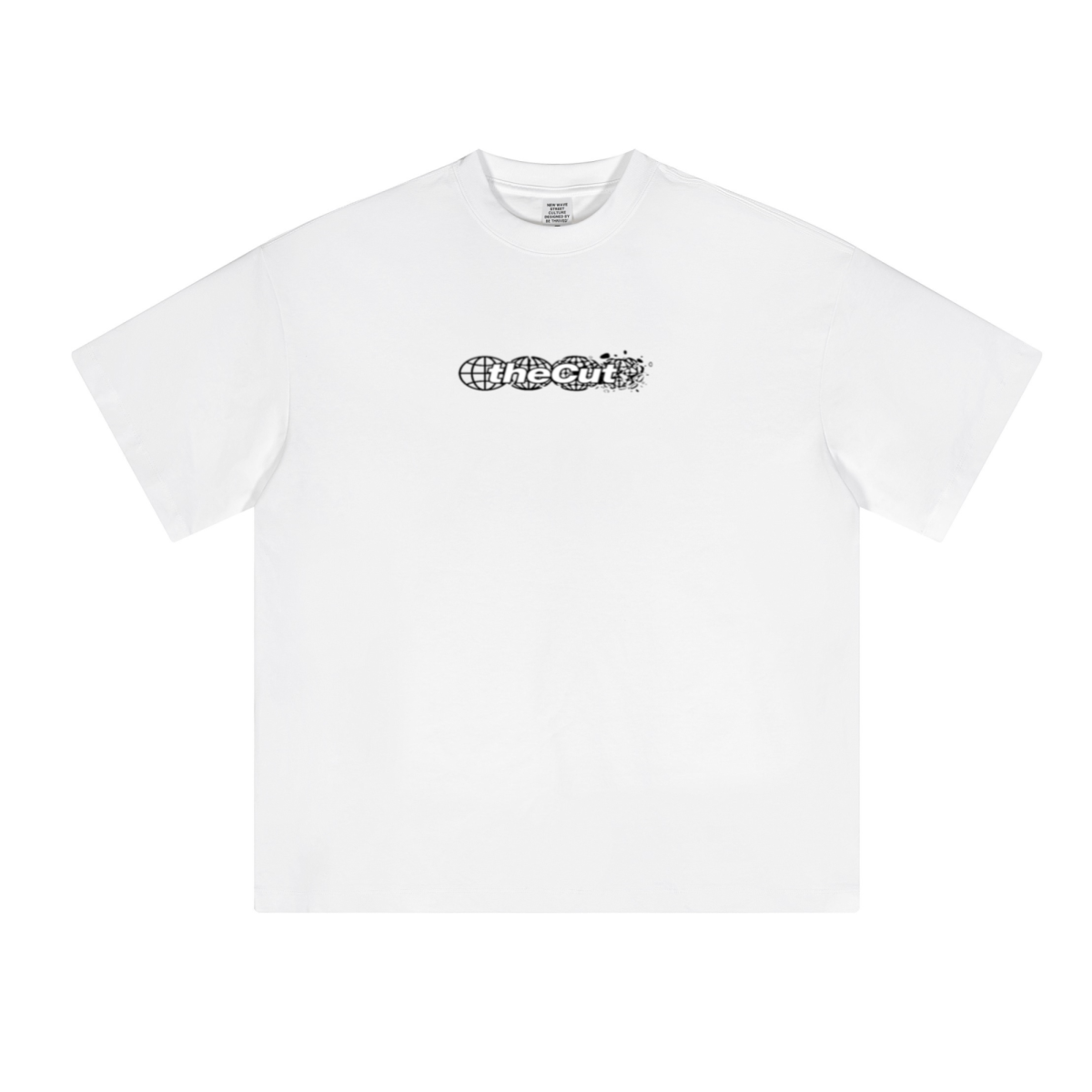 theCut Globe tee in white shown flat without print, showing the crew neck and relaxed fit.