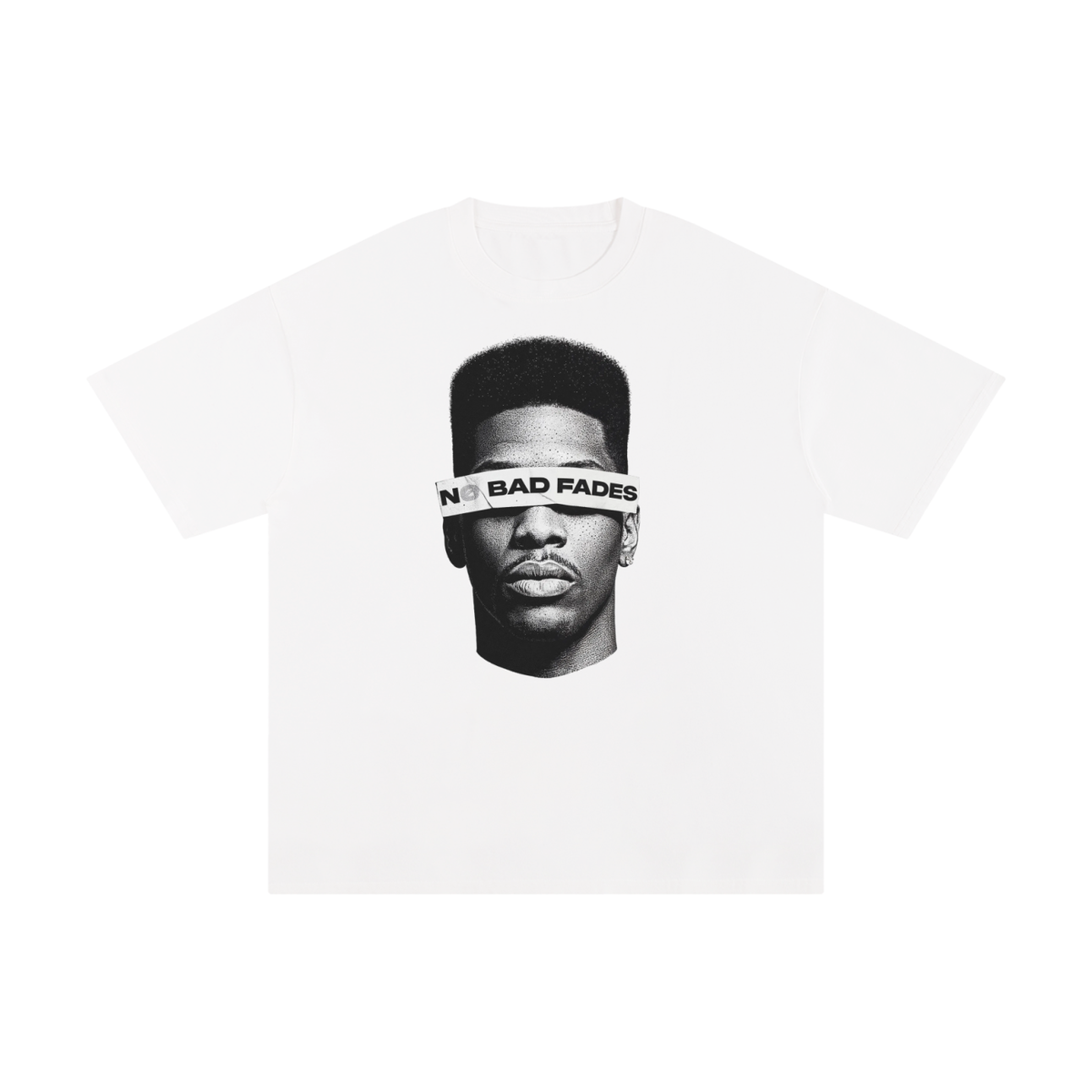 theCut High-Top No Bad Fades tee in black shown flat, showing the high-top fade illustration print.