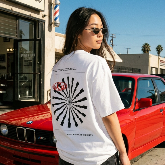 Model wearing theCut Lightning Burst tee in white beside a red car.