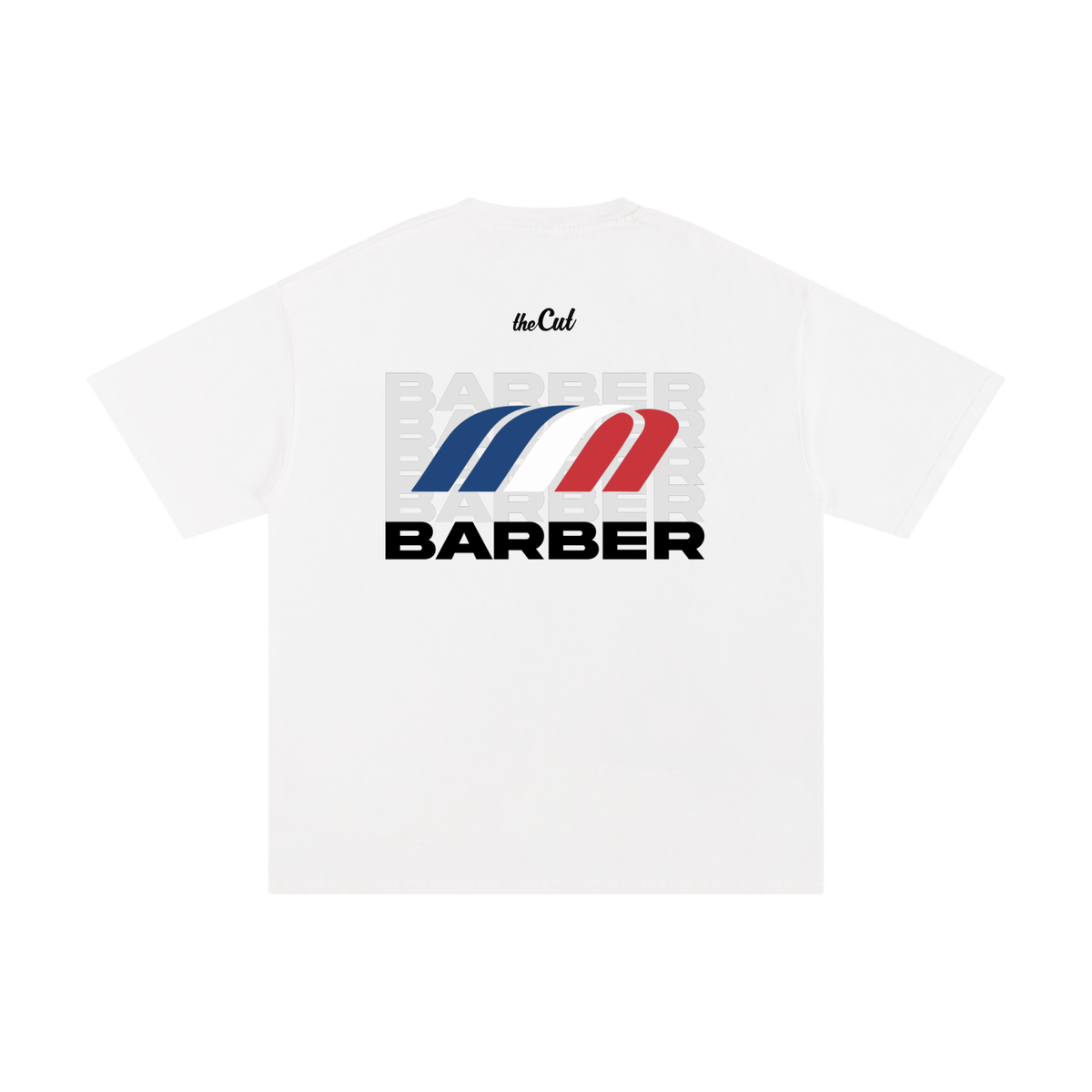 theCut M-Sport tee in white shown flat, showing the M-Sport graphic print.