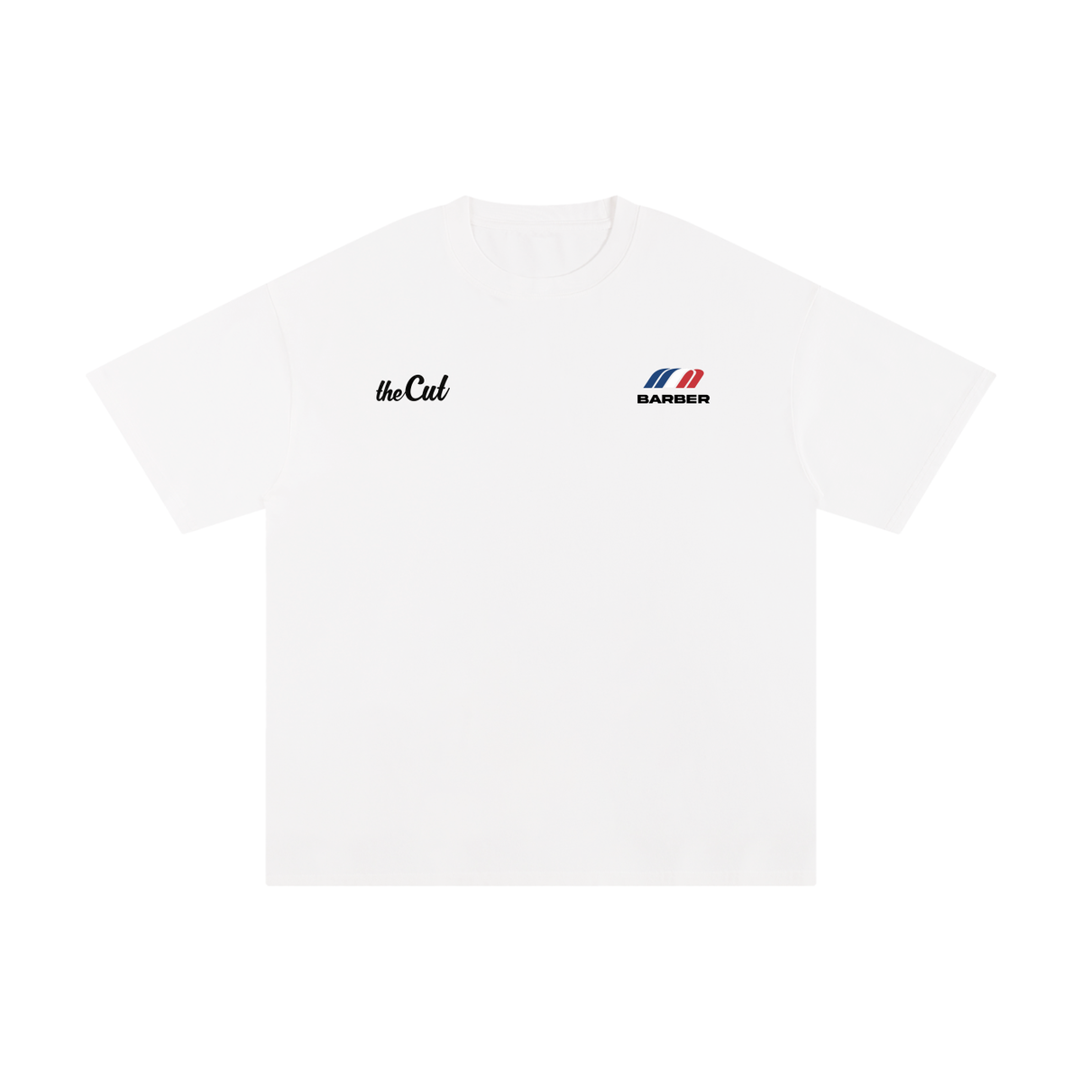 theCut M-Sport tee in white shown flat from the reverse, showing the opposite side of the print.