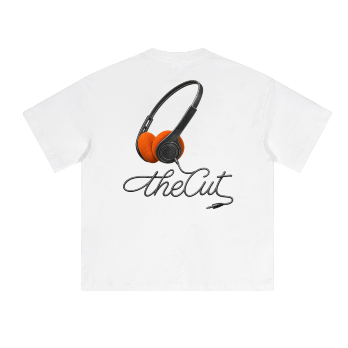 theCut Music tee in white shown flat without print, showing the crew neck and relaxed fit.