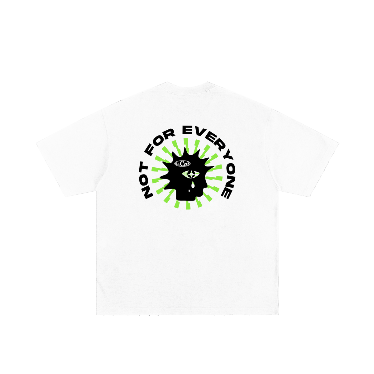 theCut Outcast tee in white shown flat, showing the Not For Everyone spiked graphic print.