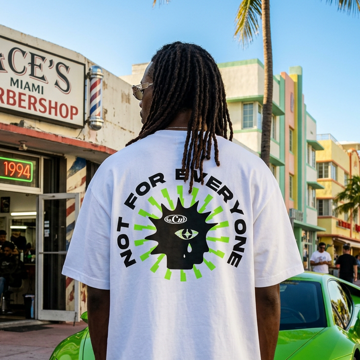 Model wearing theCut Outcast tee in white on a city street.