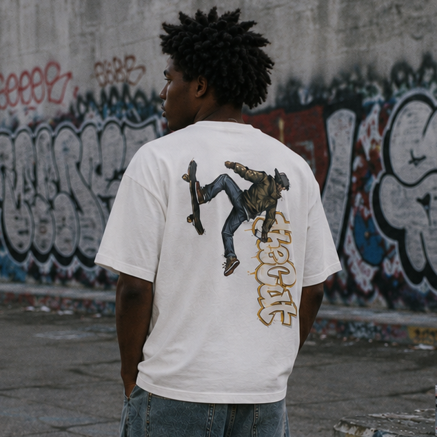 Model wearing theCut Riding The Vert tee in white beside a graffitied wall.