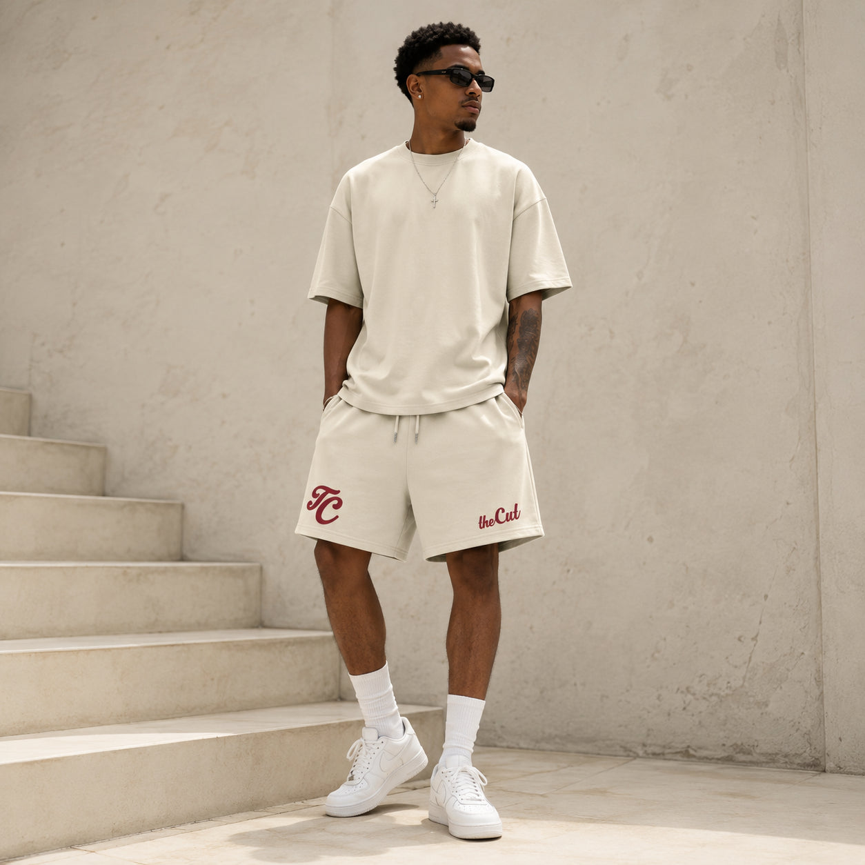 theCut Heavyweight Fleece Shorts - Bone/Red