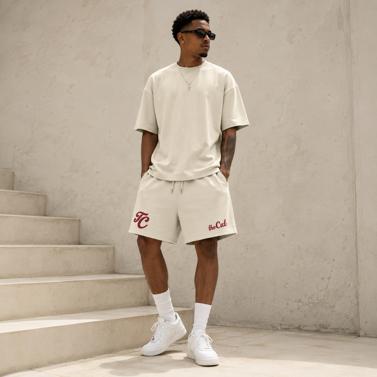 theCut Heavyweight Fleece Shorts - Bone/Red