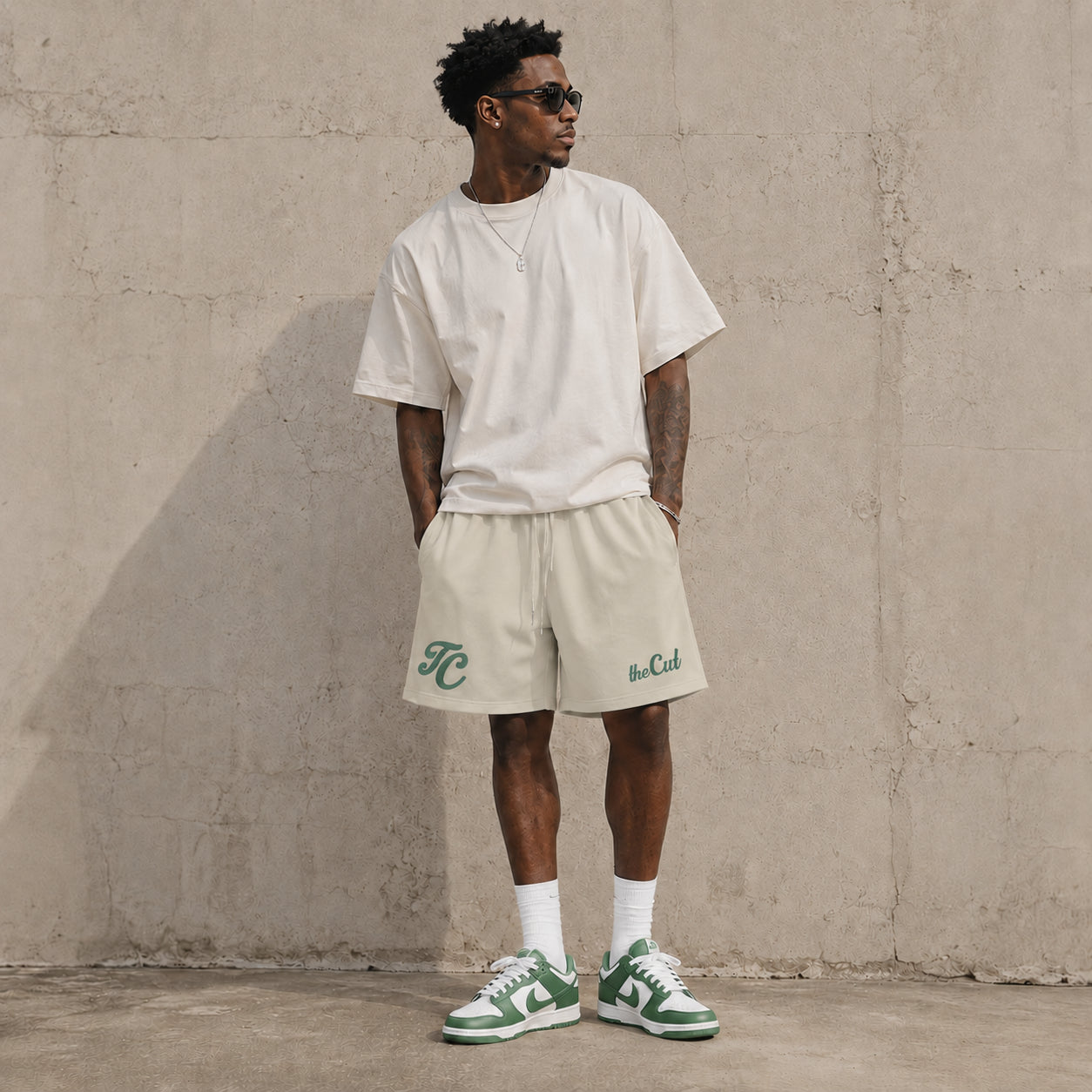 theCut Heavyweight Fleece Shorts - Bone/Green