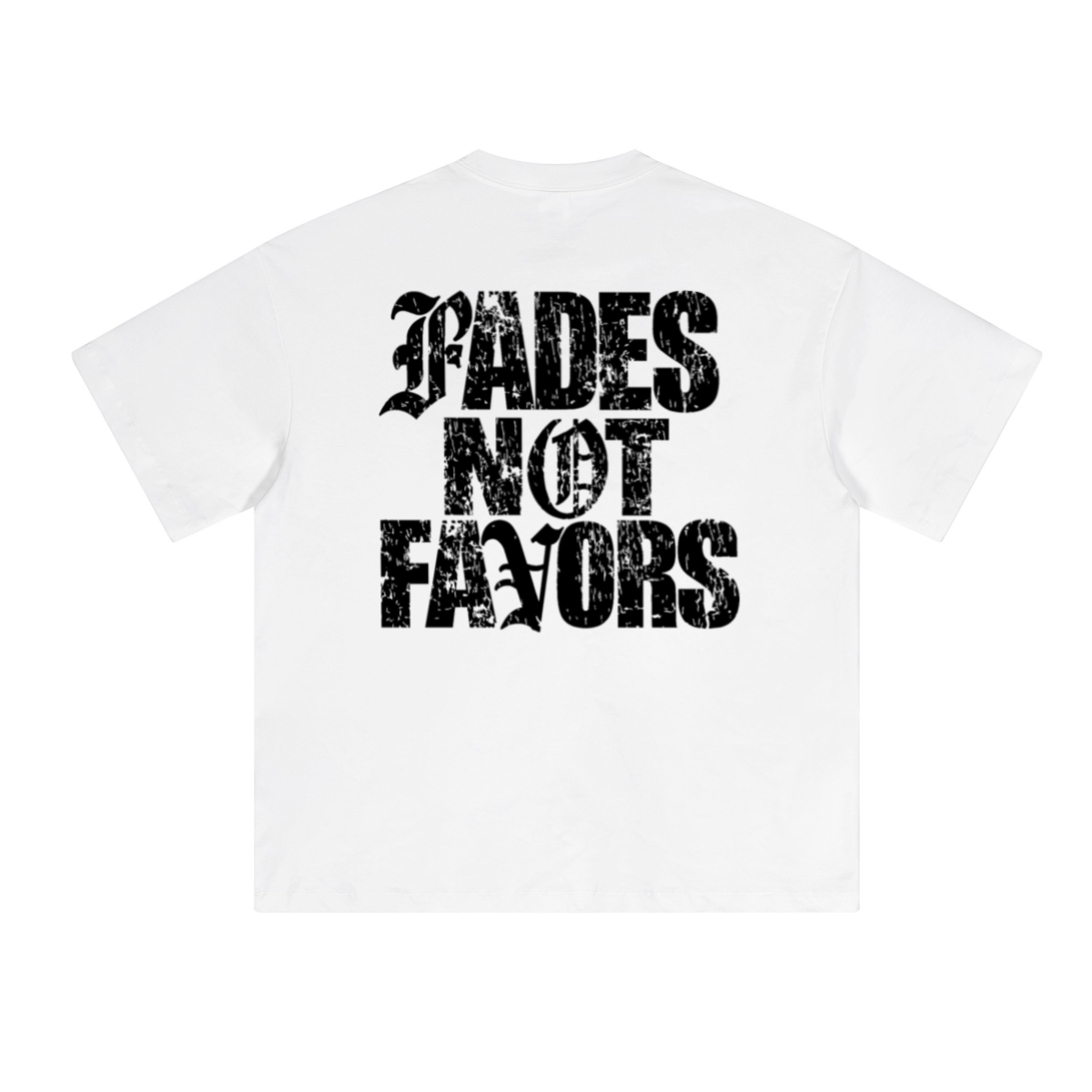 theCut Fades Not Favours tee in white shown flat without print, showing the crew neck and relaxed fit.