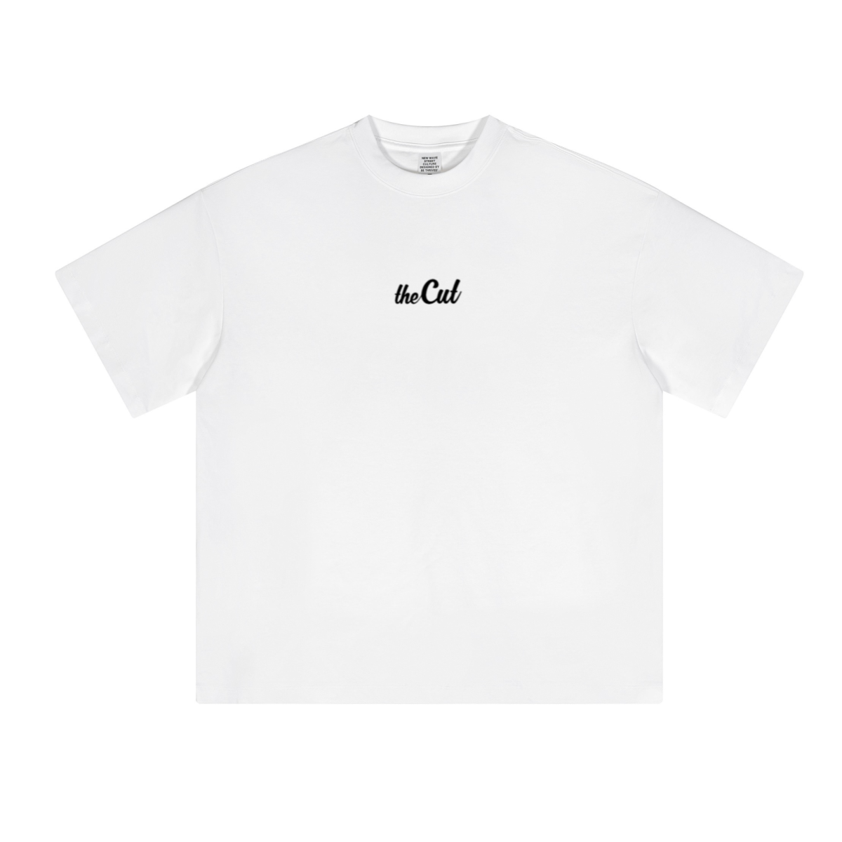 theCut Fades Not Favours tee in white shown flat from an alternate angle, showing sleeve length and hem.
