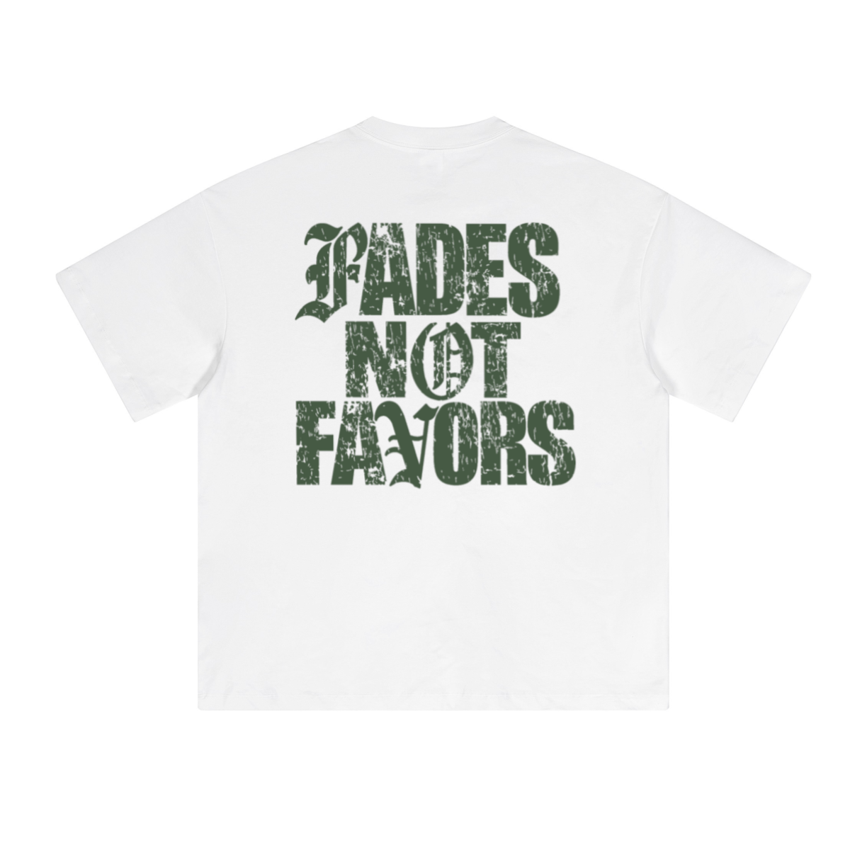 theCut Fades Not Favours tee in white shown flat without print, showing the crew neck and relaxed fit.