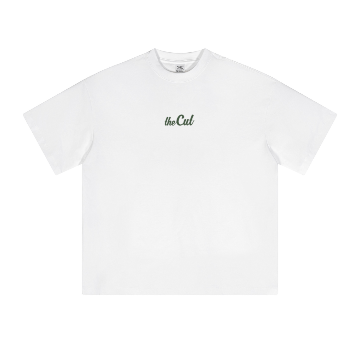 theCut Fades Not Favours tee in white shown flat from an alternate angle, showing sleeve length and hem.