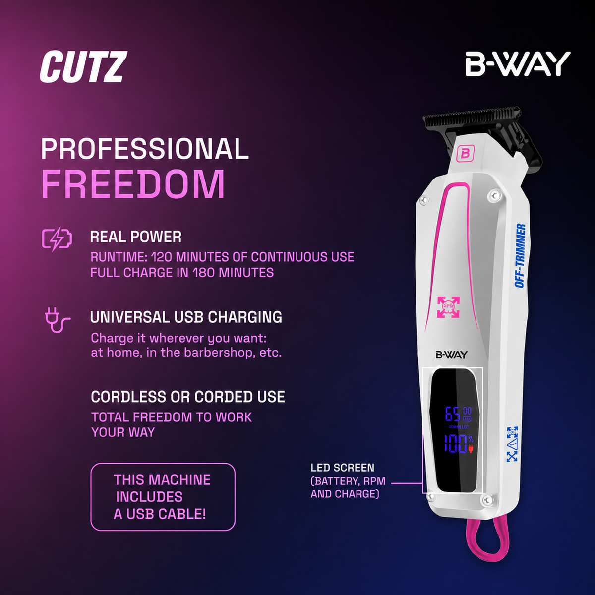 B-WAY Professional Barber Kit – Cordless Hair Clipper, Trimmer & Foil Shaver Set – Urban New Clipper, CUTZ White Detail Trimmer & OFF White Shaver for Fades, Haircuts & Finishing