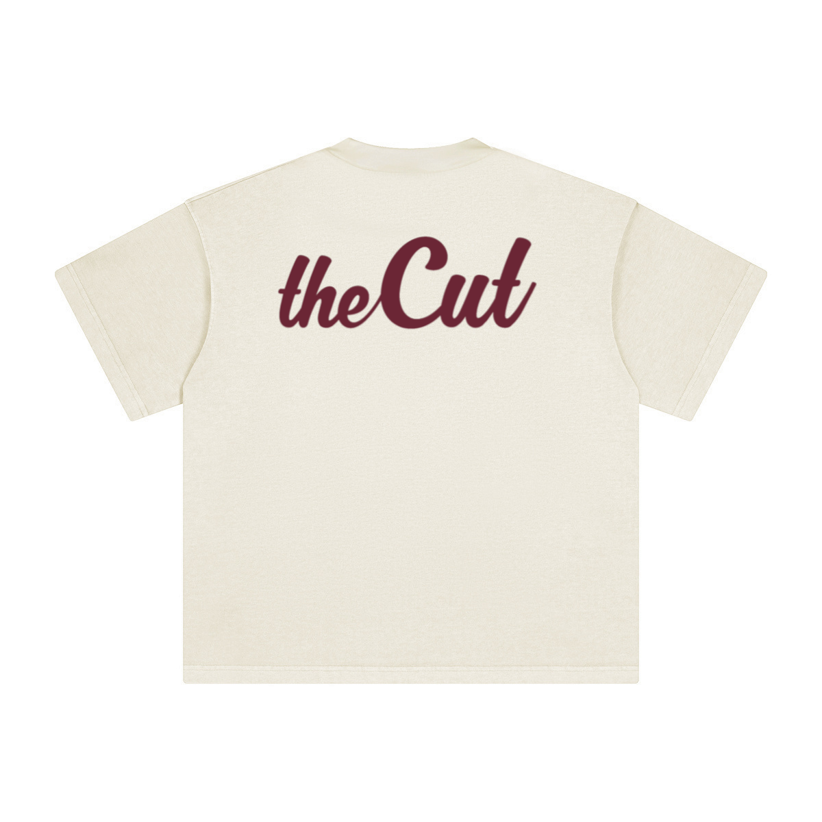 theCut TC tee in beige shown flat from an alternate angle, showing sleeve length and hem.