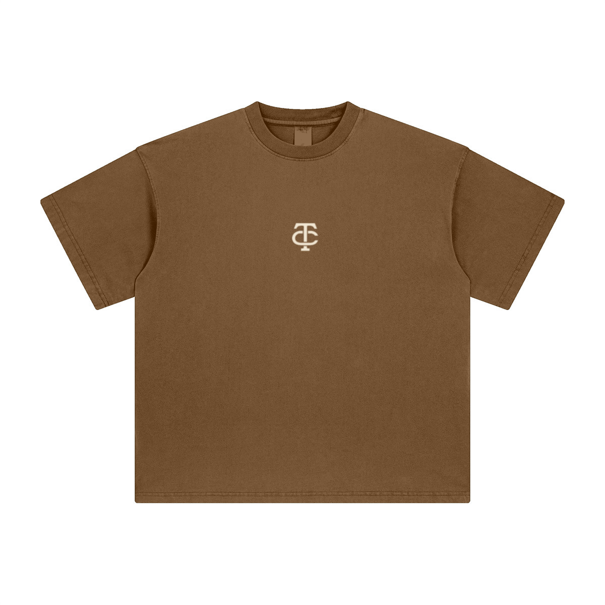 theCut TC tee in coffee brown shown flat without print, showing the heavyweight crew neck and boxy fit.