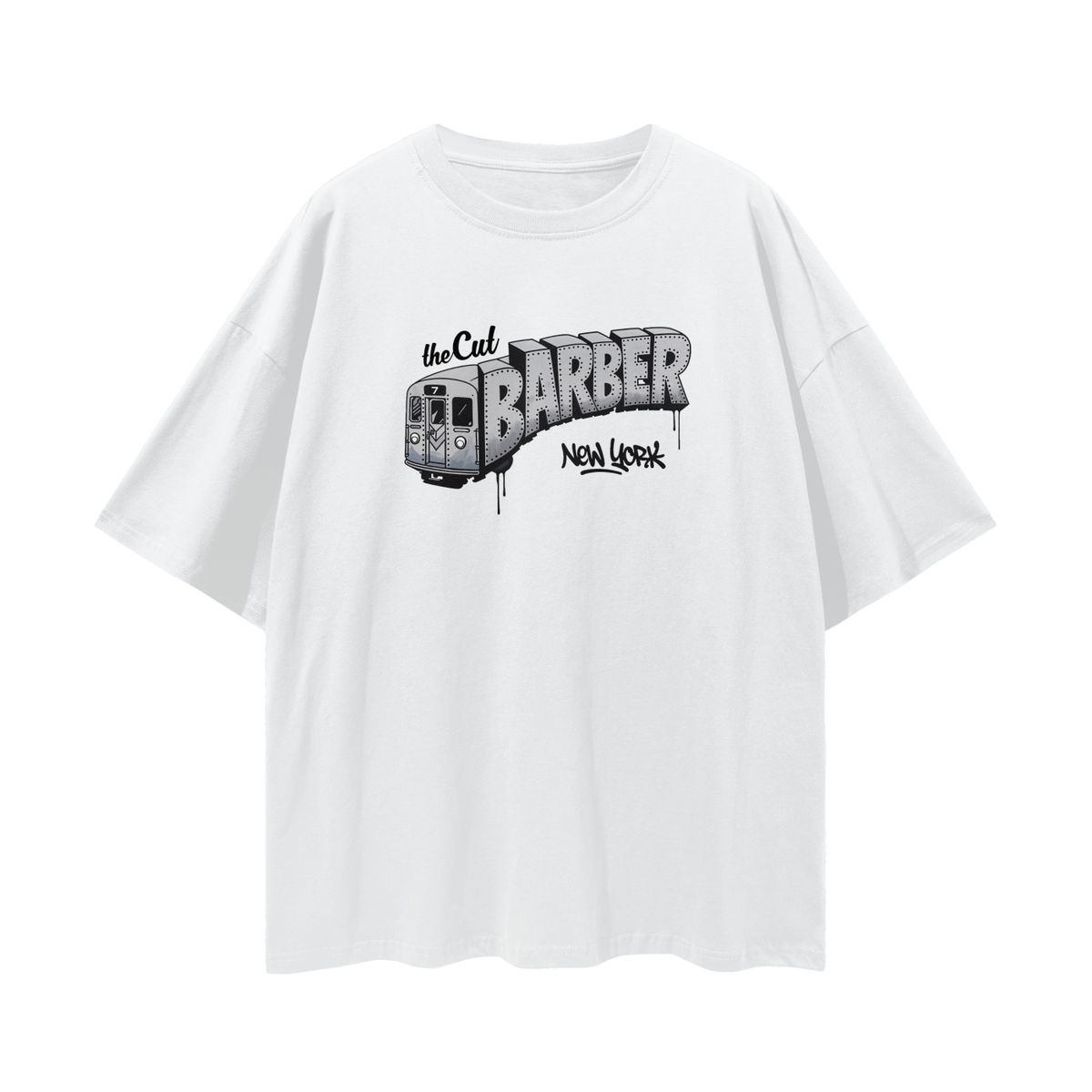 theCut Barber Train New York tee in white shown flat, showing the subway-inspired graphic print.