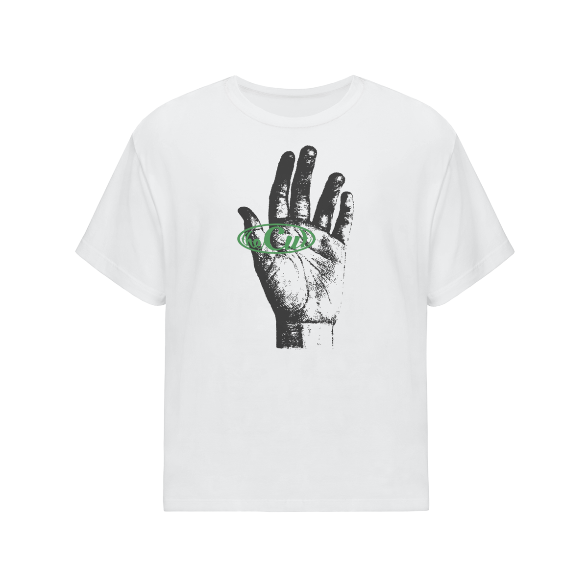 theCut Built By Hand tee in white shown flat, showing the hand illustration print.