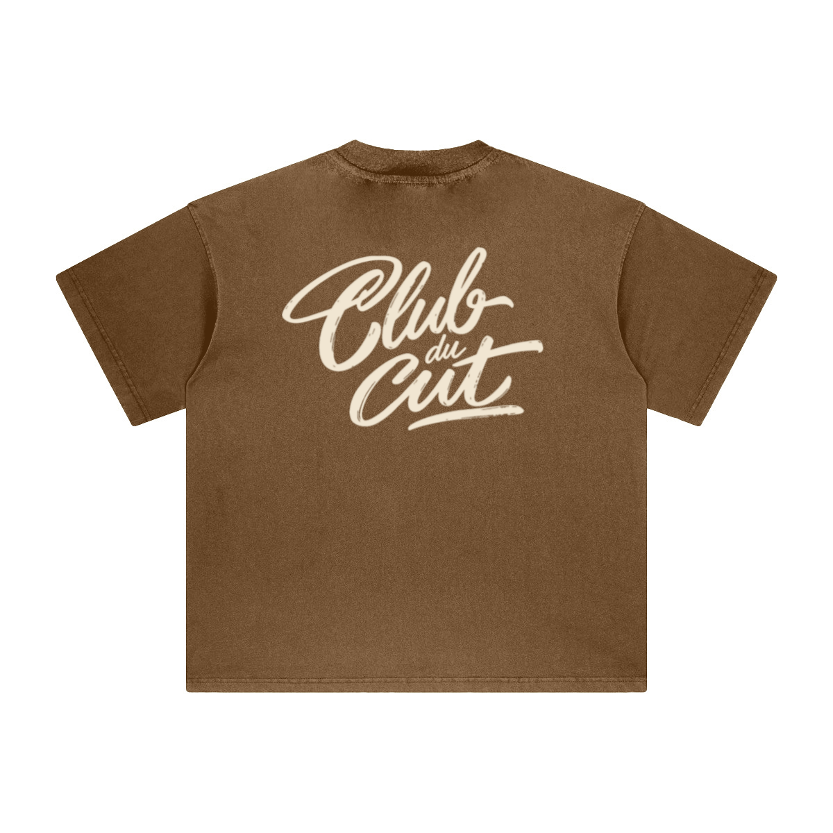 theCut Club du Cut tee in coffee brown shown flat without print, showing the heavyweight crew neck and boxy fit.