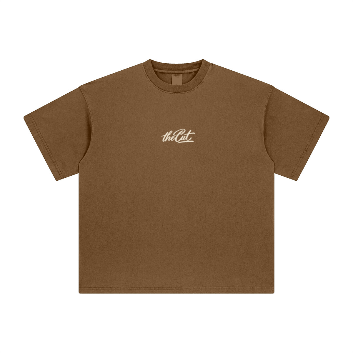 theCut Club du Cut tee in coffee brown shown flat from an alternate angle, showing sleeve length and hem.