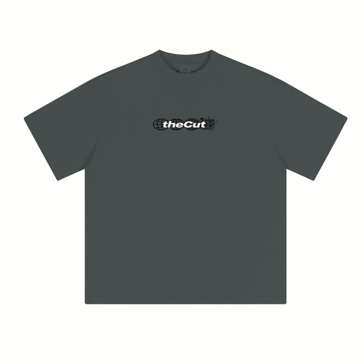 theCut Globe tee in charcoal grey shown flat without print, showing the crew neck and relaxed fit.