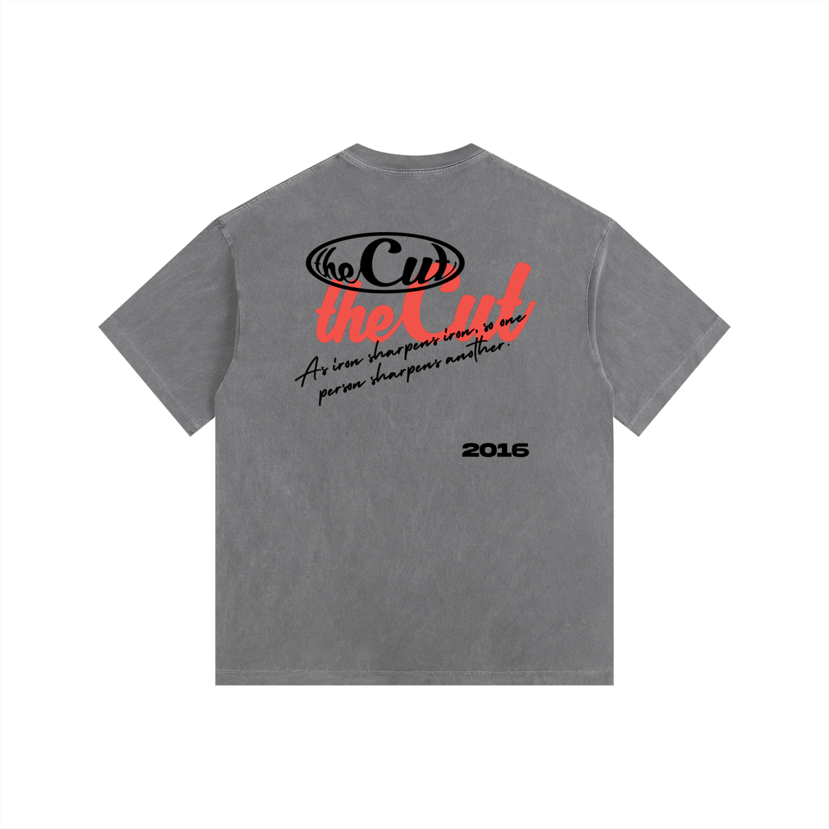 theCut Iron Sharpens Iron washed graphic tee in grey shown flat from the front, showing the red print.