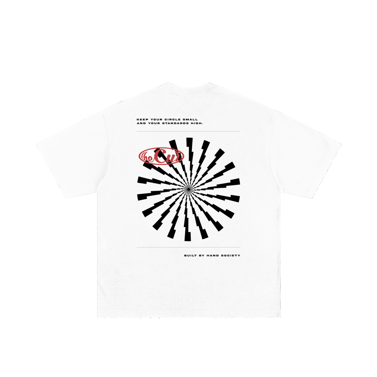 theCut Lightning Burst tee in white shown flat, showing the sunburst print.