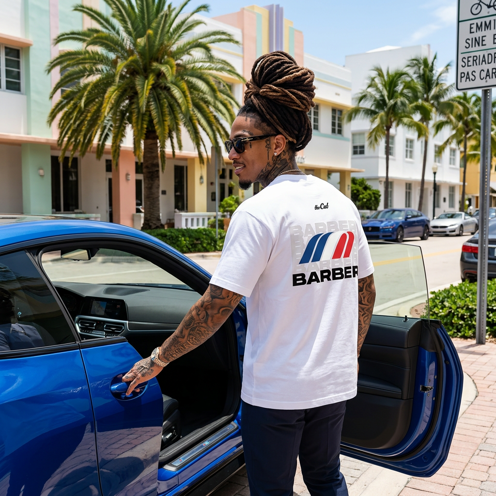 Model wearing theCut M-Sport tee in white, standing beside a blue sports car on a sunlit street.