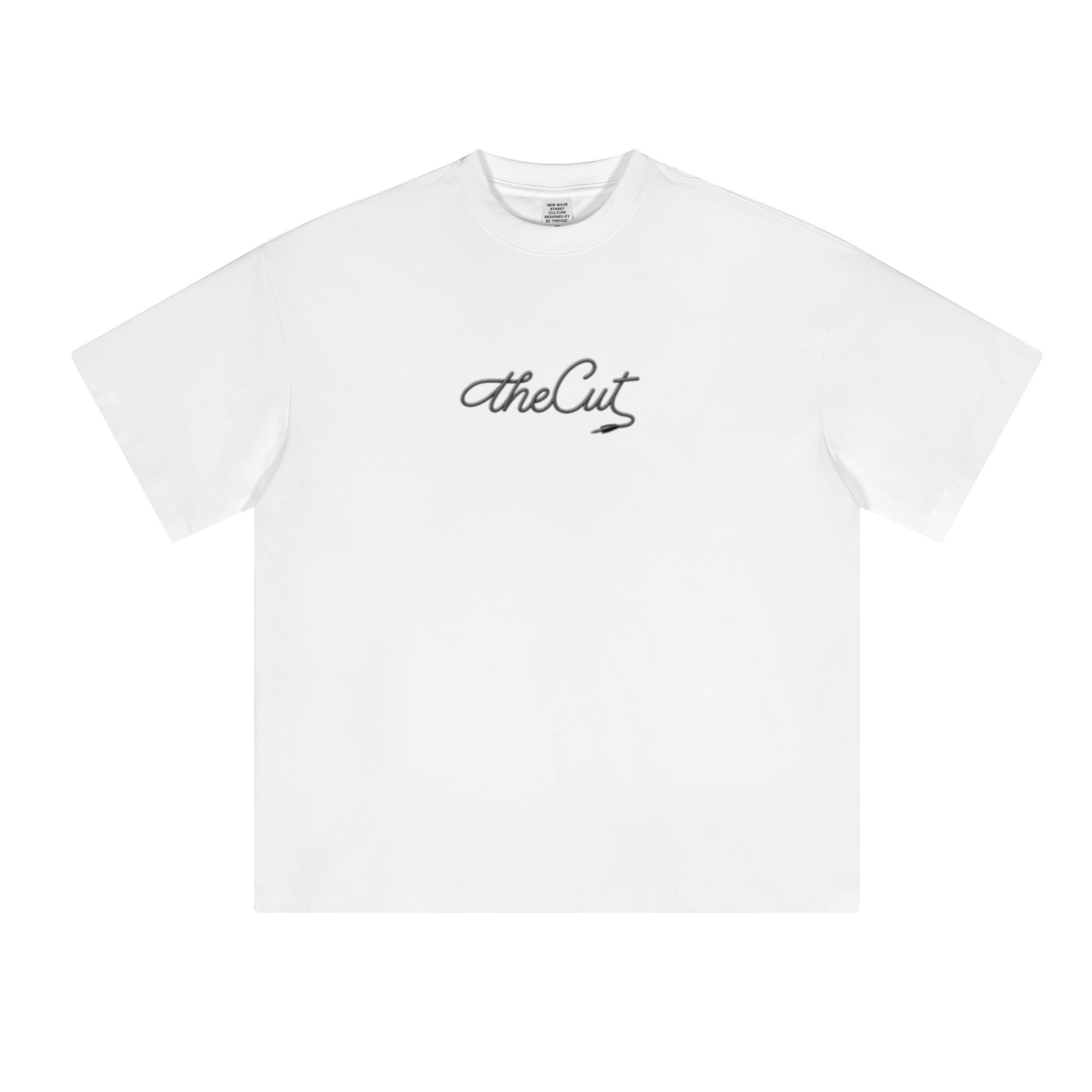 theCut Music tee in white shown flat from an alternate angle, showing sleeve length and hem.