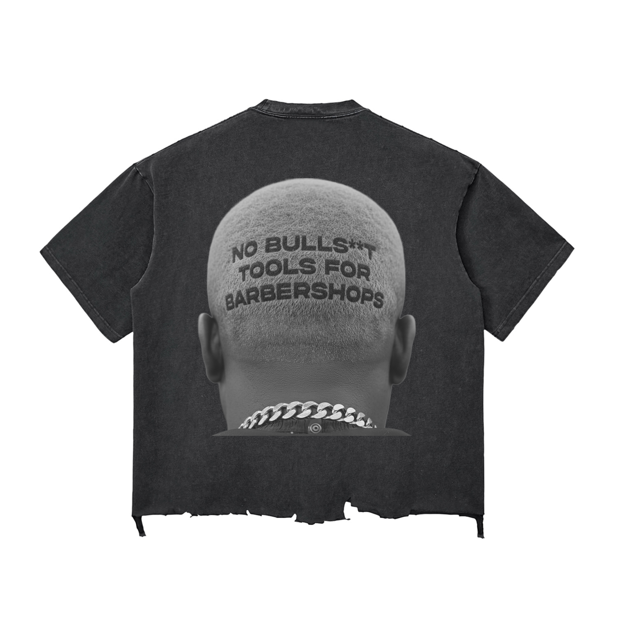 theCut No Bullsh**t Tools For Barbershops boxy cropped tee in snow wash black shown flat, showing the printed slogan.