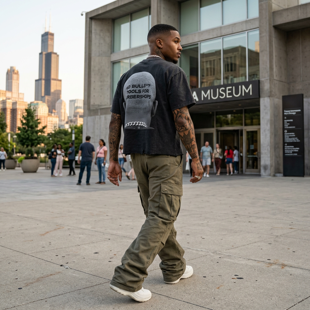 Model walking on a city street wearing theCut No Bullsh**t Tools For Barbershops boxy cropped tee in snow wash black.