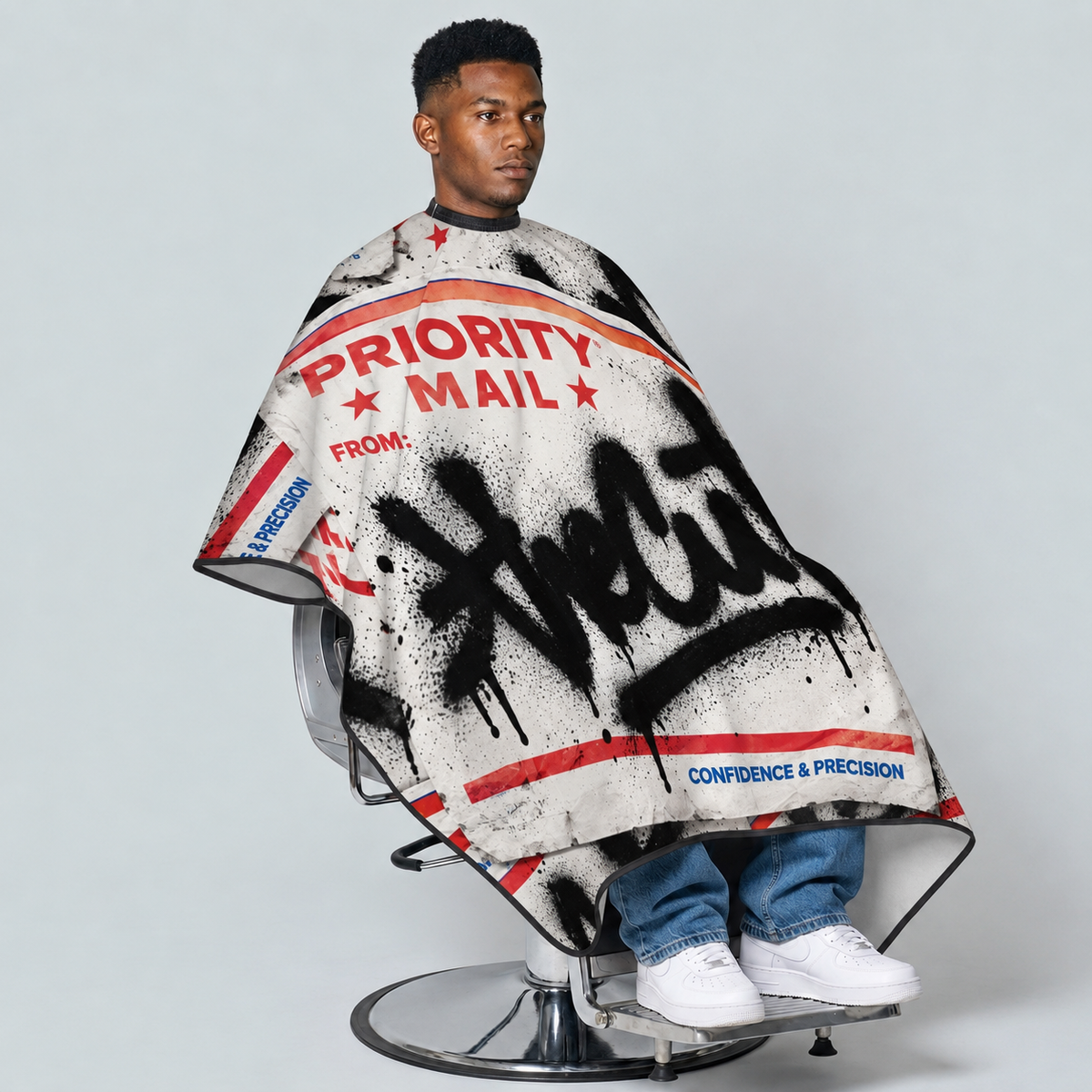 theCut Priority Sticker Bomb Cape — seated model view on grey background