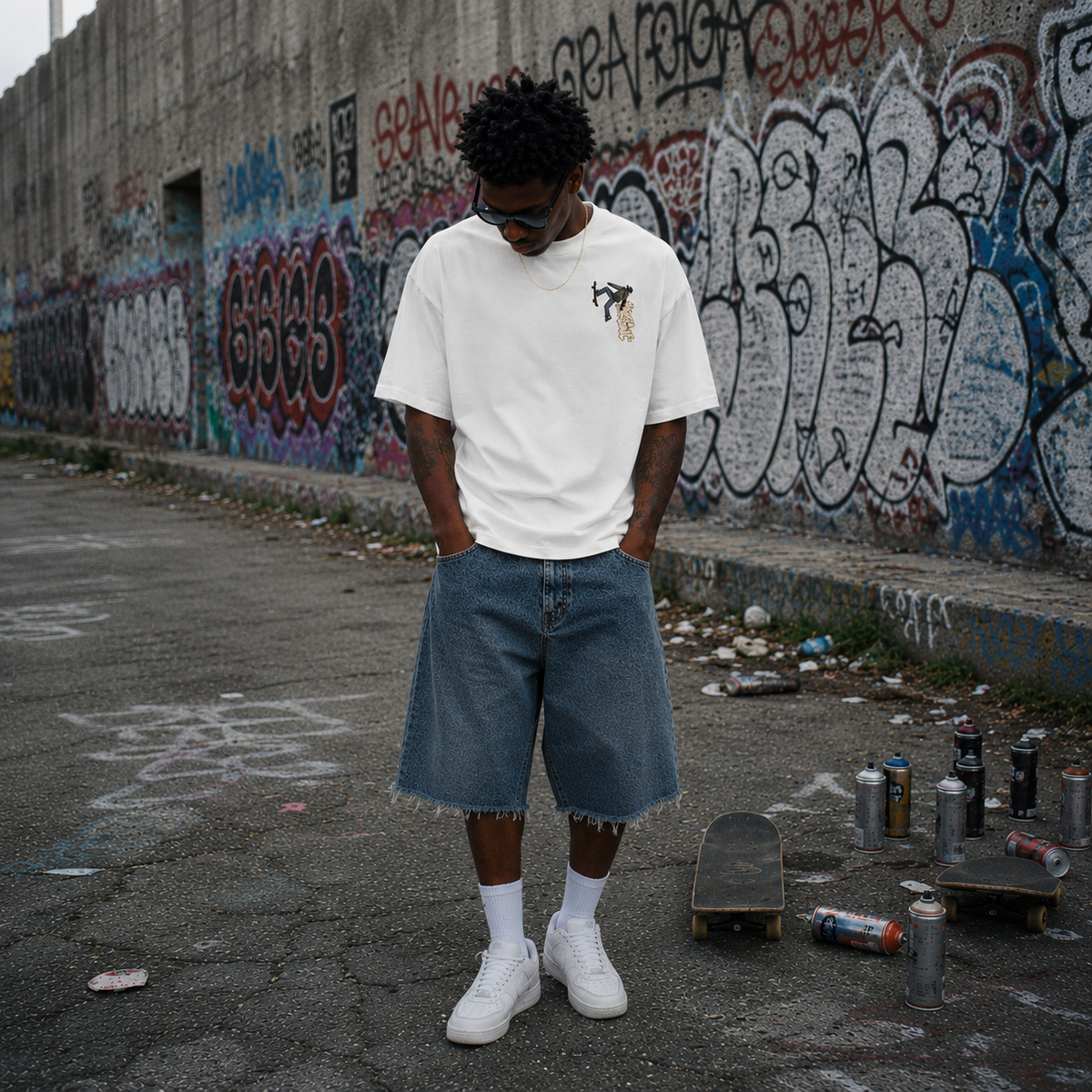 Model wearing theCut Riding The Vert tee in white, alternate view beside the graffitied wall.