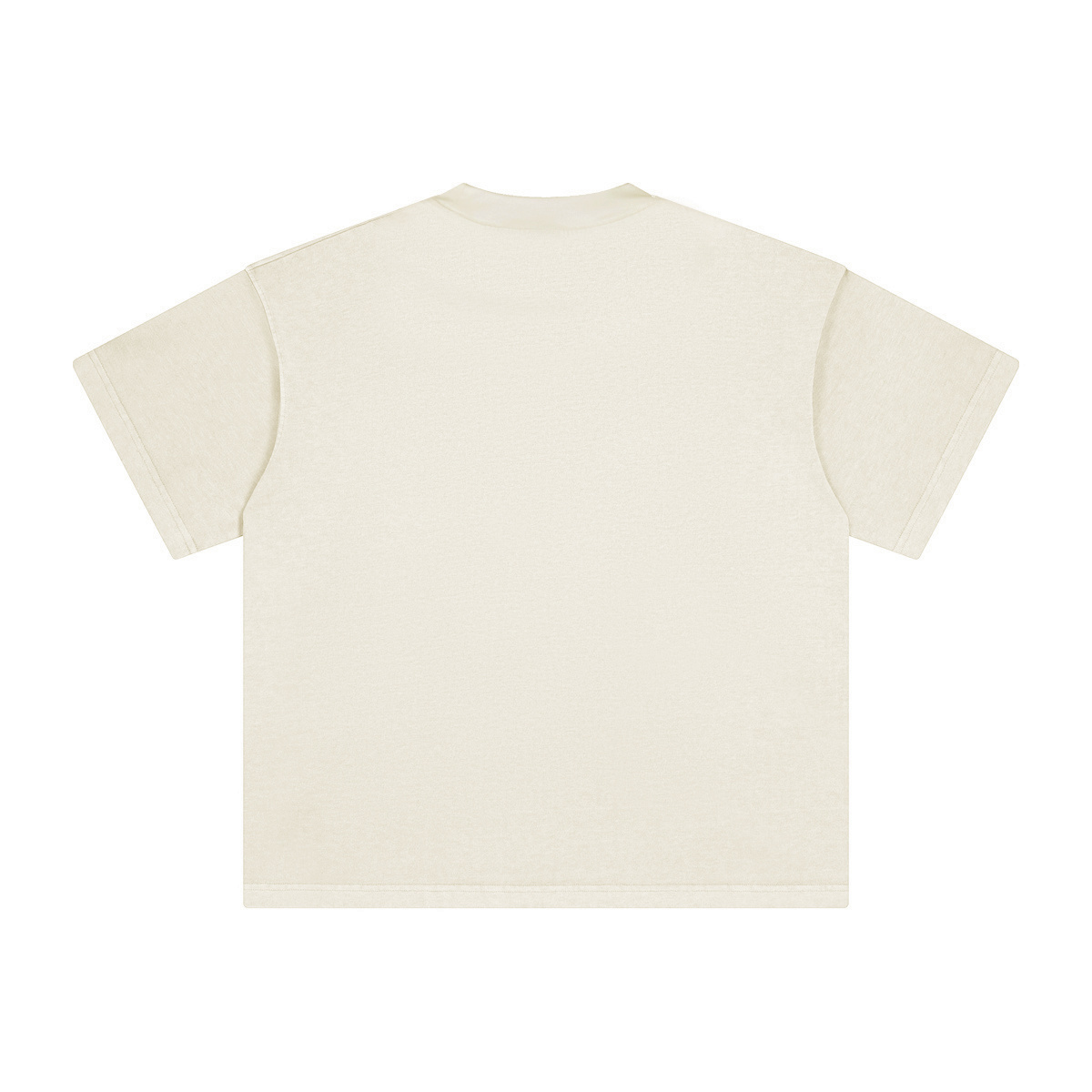 theCut tee in beige shown flat from an alternate angle, showing sleeve length and hem.