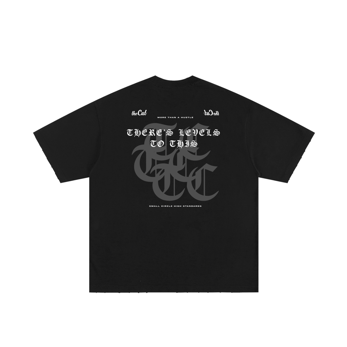 theCut There's Levels to This tee in black shown flat, showing the printed graphic.