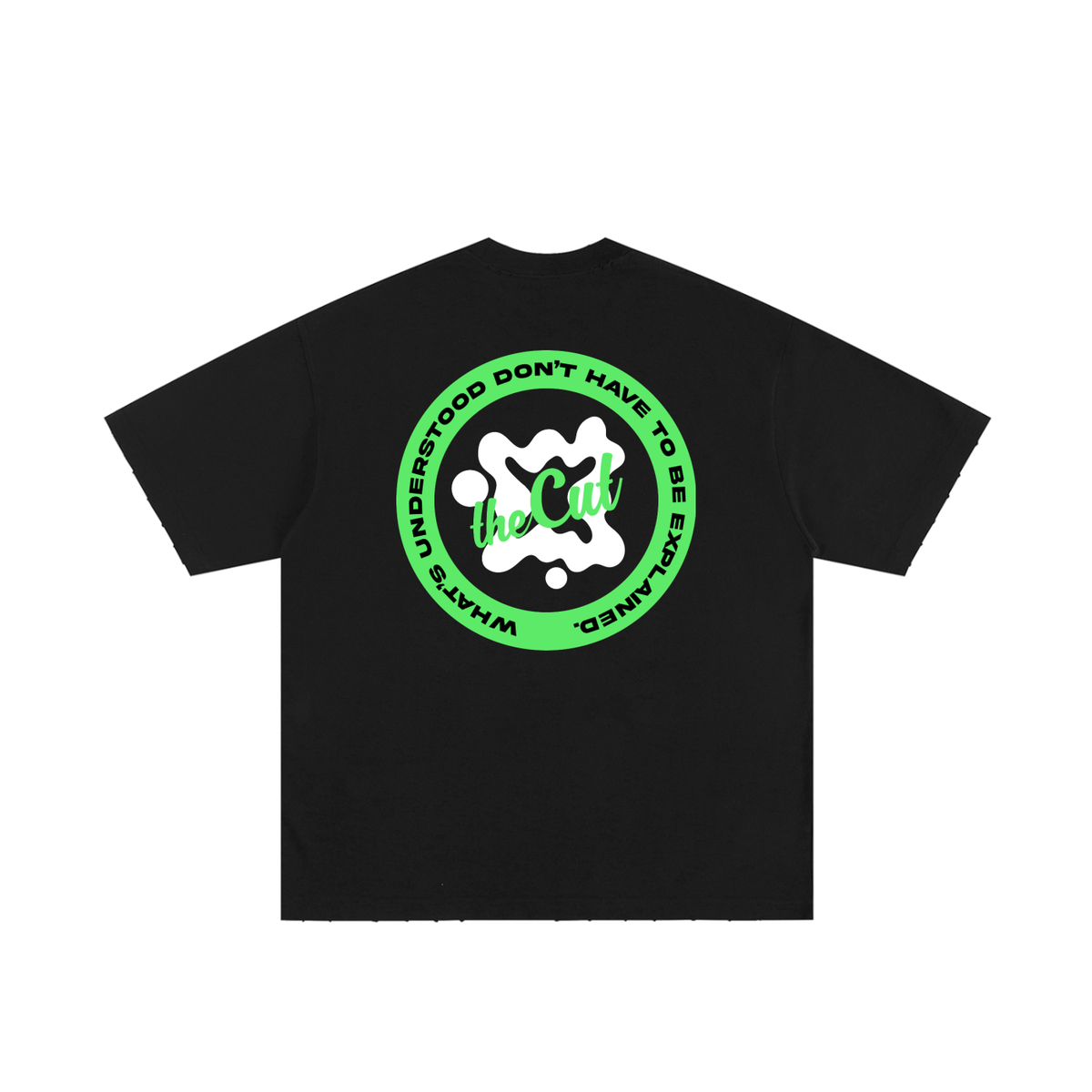 theCut What's Understood tee in black shown flat, showing the green circular print.