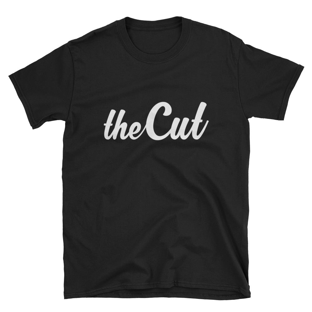 theCut logo tee in black shown flat, showing the chest logo print.